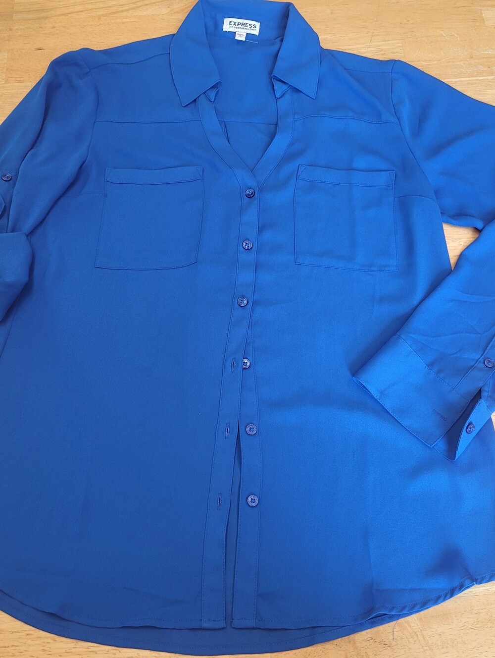 Express Portofino Royal Blue Cobalt Button Down Shirt Roll-tab Sleeve Medium